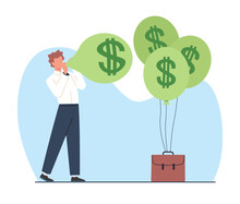 Businessman Inflates Balloons With Money Symbol In Air. Rich Man Earn Profit. Reduced Buying Power. Investment And Trading. Cartoon Isolated Vector Inflation, Financial Crisis Concept