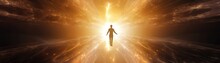 Human Figure Floating Toward Bright Tunnel Of Light Panoramic Banner