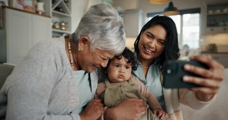 Poster - Selfie, woman and senior grandmother with child bonding together on a sofa with family at home. Happy, smile and mother taking a picture with elderly person in retirement with baby for social media