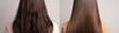 Woman With Long Hair, Back View, Showing The Results Of Keratin Treatment, Before And After Salon Treatment Panoramic Banner