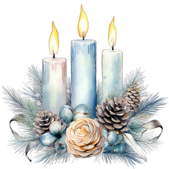 Wall Mural - Blue Christmas candle arrangement. With Pinecones. Isolated transparent background