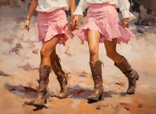 Oil Painting Art Artwork Of Two Cowgirls Girls Women Wearing Pink Skirts And Brown Cowboy Boots 