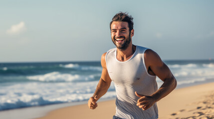 Handsome man running on the beach