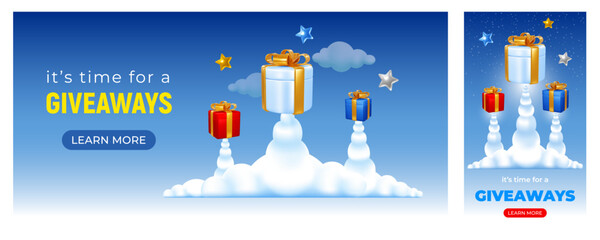 Wall Mural - Gift boxes launch. Look like rockets. Start of sale or giveaway conceptual banner templates set. Vector illustration