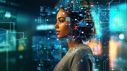 AI generated content Concept. Artist woman using AI Art Assistant to generate image.