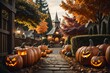 close up of driveway, halloween town, pumpkins in the garden, warm autumn dusk, earthtones and hues, matte painting style, liminal Generative AI
