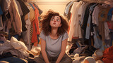 Fototapeta  - The girl lies on a pile of clothes. Concept: decluttering things, conscious consumption.