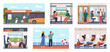 © YummyBuum - Passengers in different city transport. Ship, bus or train travelers, people commute long distance, sitting and standing. Urban transportation. Cartoon flat isolated nowaday vector set
