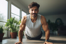 Exercise And Healthy Lifestyle Concepts - Indian Man Doing Abdominal Exercises At Home