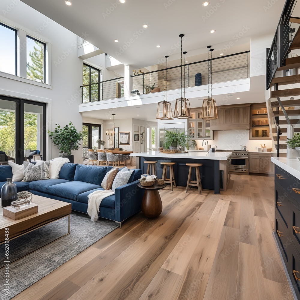 Kitchen and living room interior in new luxury home with open concept ...