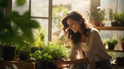 Canvas Print - Young woman is gardening by caring for plants in her home