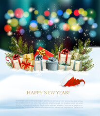 Leinwandbilder - Christmas holiday background with colorful gift boxes and Santa Hat. Vector illustration
