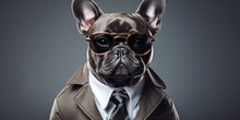 A Stylish French Bulldog Sporting A Trendy Outfit Including A Jacket Tie And Glasses Posing Confidently As If It Were A Supermodel The Image Offers Ample Space For Text