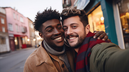 Wall Mural - Homosexual couple happily hugging and smiling outdoors