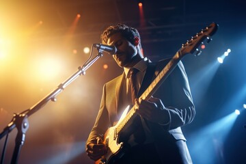 Poster - A man playing a guitar in front of a microphone. Suitable for music events, concerts, and live performances.