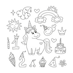 Cute unicorn, pony, cartoon birthday attributes. Children's holiday, magic doodles. Hand drawn drawing set. Vector illustration. Sweets, candles, cap, crown, numbers. Badges and line icons. 