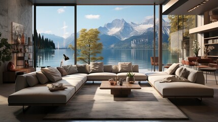 luxury home interior design of a modern living room in a lakeside house with a cozy beige sofa in a 