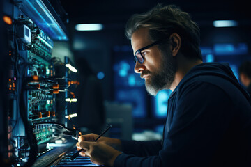 Poster - An IT specialist working on computer servers in a data center. Concept of information technology. Generative Ai.