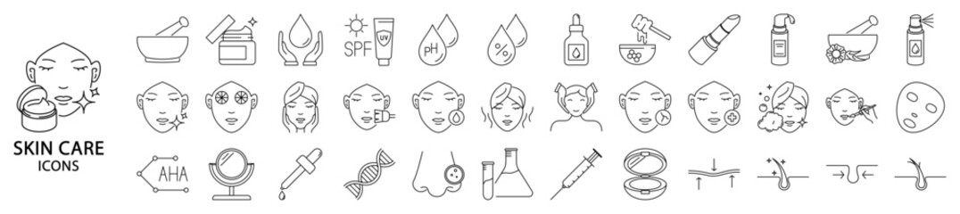 Skincare Line icons. Set icon about skincare. Skin care icons. vector illustration. Editable stroke.