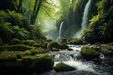 A Roaring Waterfall Hidden Within A Lush Forest, A Natural Wonder That Instills Awe And Wonder. Generative Ai.
