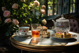 Fototapeta  - A garden tea party with Victorian-era decor and freshly brewed herbal infusions. Generative Ai.
