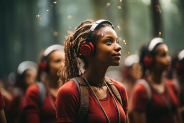 Wall Mural - A silent disco in a forest clearing, where dancers wear wireless headphones for a surreal experience. Generative Ai.