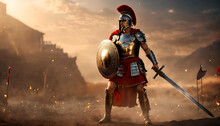 Roman Male Legionary (legionaries) Wear Helmet With Crest, Gladius Sword And A Scutum Shield, Heavy Infantryman, Realistic Soldier Of The Army Of The Roman Empire, On Rome Background. Generative Ai