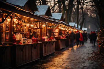 Poster - The twinkling lights of a small town's Christmas market, with stalls selling handmade ornaments and gifts. Generative Ai.