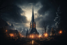 A Church Steeple Illuminated Against The Night Sky On Christmas Eve. Generative Ai.