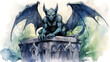watercolor of a fantasy gargoyle on a grave in the cemetery