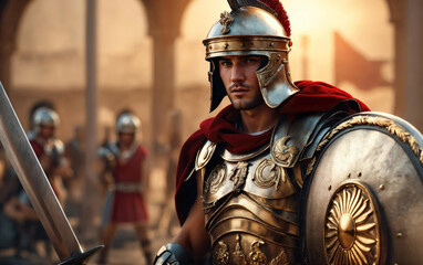 Wall Mural - Roman male legionary (legionaries) wear helmet with crest, gladius sword and a scutum shield, heavy infantryman, realistic soldier of the army of the Roman Empire, on Rome background. Generative ai