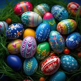 Fototapeta Tęcza - Easter Eggs over a Grass Surface. Selective Focus. April Season Event.