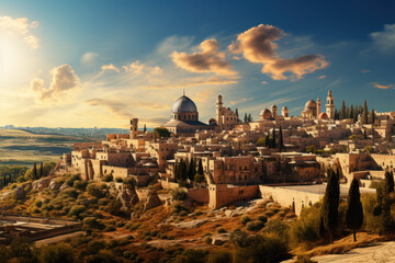 Wall Mural - The ancient city of Jerusalem, a place of great significance for Judaism, Christianity, and Islam. Concept of religious diversity and history in the Near East. Generative Ai.