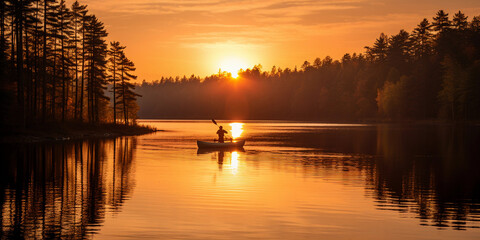 Calm sunset lake, single canoe with two paddlers, warm colors, reflections on glass - like water, tranquil mood