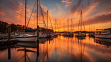 harbor scene, multiple sailboats docked, golden sunset, reflections in calm water, yachts, fishing boats, wooden pier, nautical atmosphere