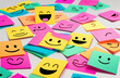 smiley face expression drawing on yellow colorful sticky notes adhesive post