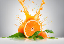 Fresh Orange Floating On Orange Juice With Splashes And Green Leaves Around