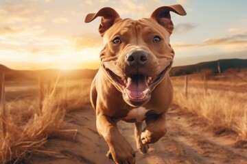 Wall Mural - A brown dog is seen running on a dirt road. This image can be used to depict freedom, adventure, and outdoor activities.