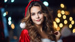 © mila103 - beautiful sexy young woman in santa claus clothes over christmas lights background