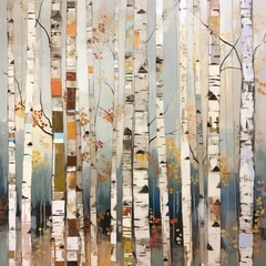 Abstract colorful geometric illustration of birch trees, birch tree forest, square aspect ratio. Generative AI.
