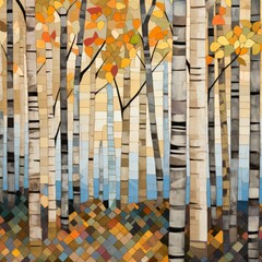 Abstract colorful geometric illustration of birch trees, birch tree forest, square aspect ratio. Generative AI.
