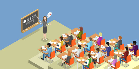 Wall Mural - 3D Isometric Flat Vector Conceptual Illustration of University, Students in Lecture Hall