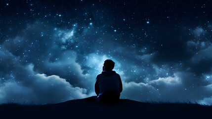 Young teenage boy looking at starry night sky and contemplating life