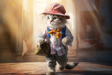 A Kitten Dressed In Vintage Clothes: A Shirt, Shorts, A Scarf Around The Neck, A Hat, A Bag On The Shoulder Stands Against The Background Of A Shabby Facade Of A Building In Sunny Weather