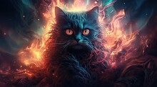 Psyhedelic Art Style Angry Kitten In Flames And Nebulas 