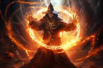 Wall Mural - Generative ai collage picture of medieval wizard using dark magic fire spell