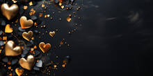 Valentines Day Festive Background With Gold And Black Hearts On Dark Background