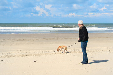 Wall Mural - Senior man with his dog at the beach