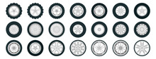 Wheel tires. Car tire tread tracks, motorcycle racing wheels icons. Car tires and track traces vector isolated icons