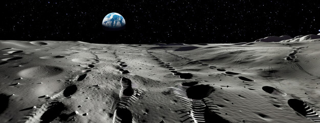 Wall Mural - panorama of lunar surface with human footprints leading in different directions, moon exploration co